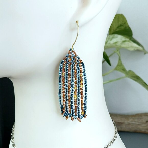 Artisan Blue and Gold Beaded Fringe Cascade Shoulder Duster Dangle Earrings 3.5" - Picture 1 of 6